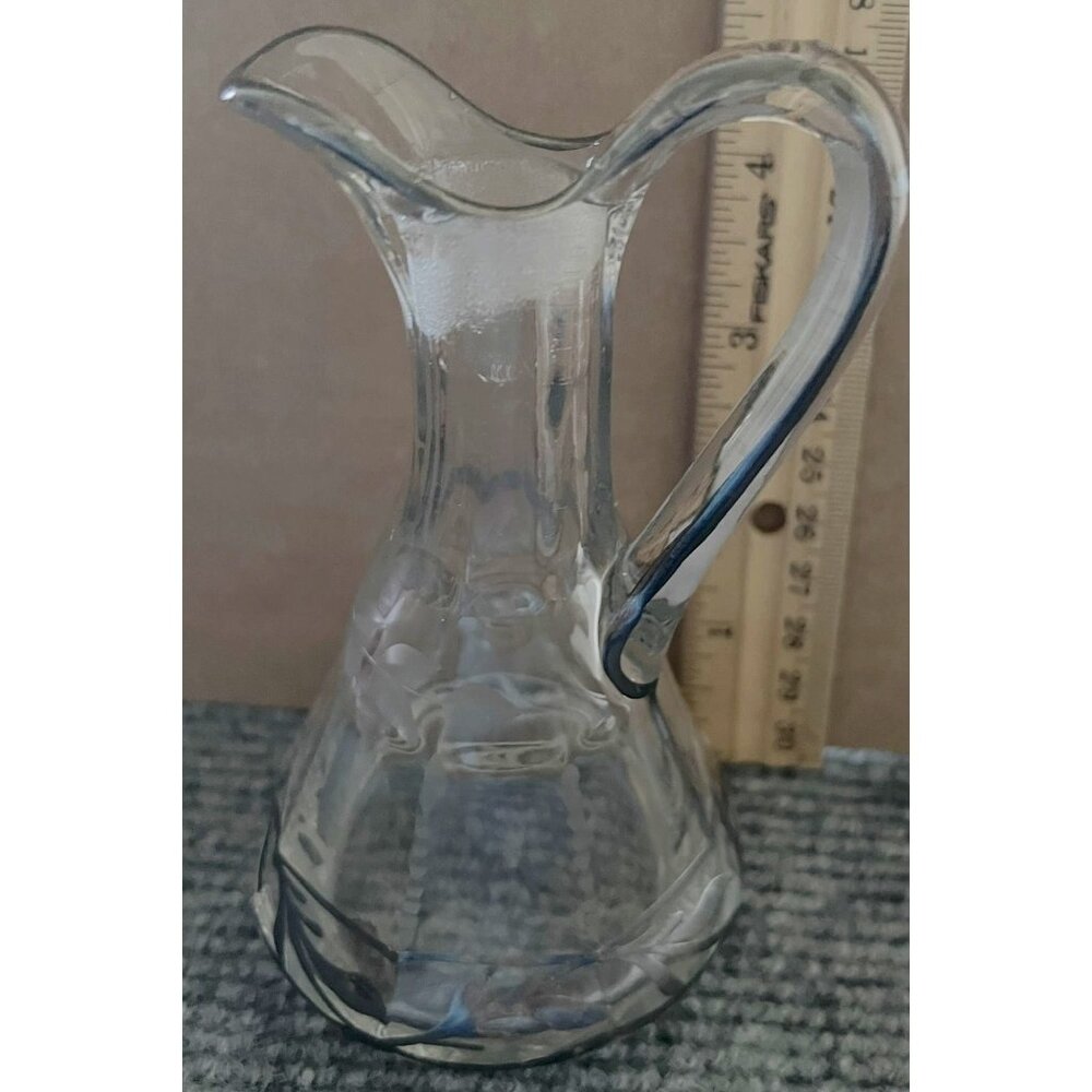 Vintage Clear Etched Glass Cruet With Handle & Spout for Oil or Vinegar PreOwned